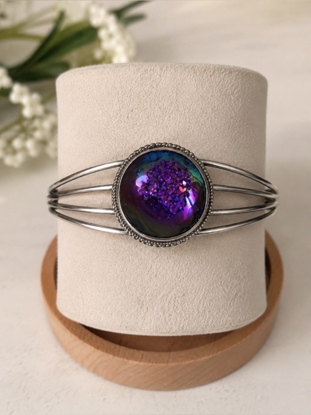 Gorgeous Rainbow Druzy 925 Stamped Silver Cuff Bracelet